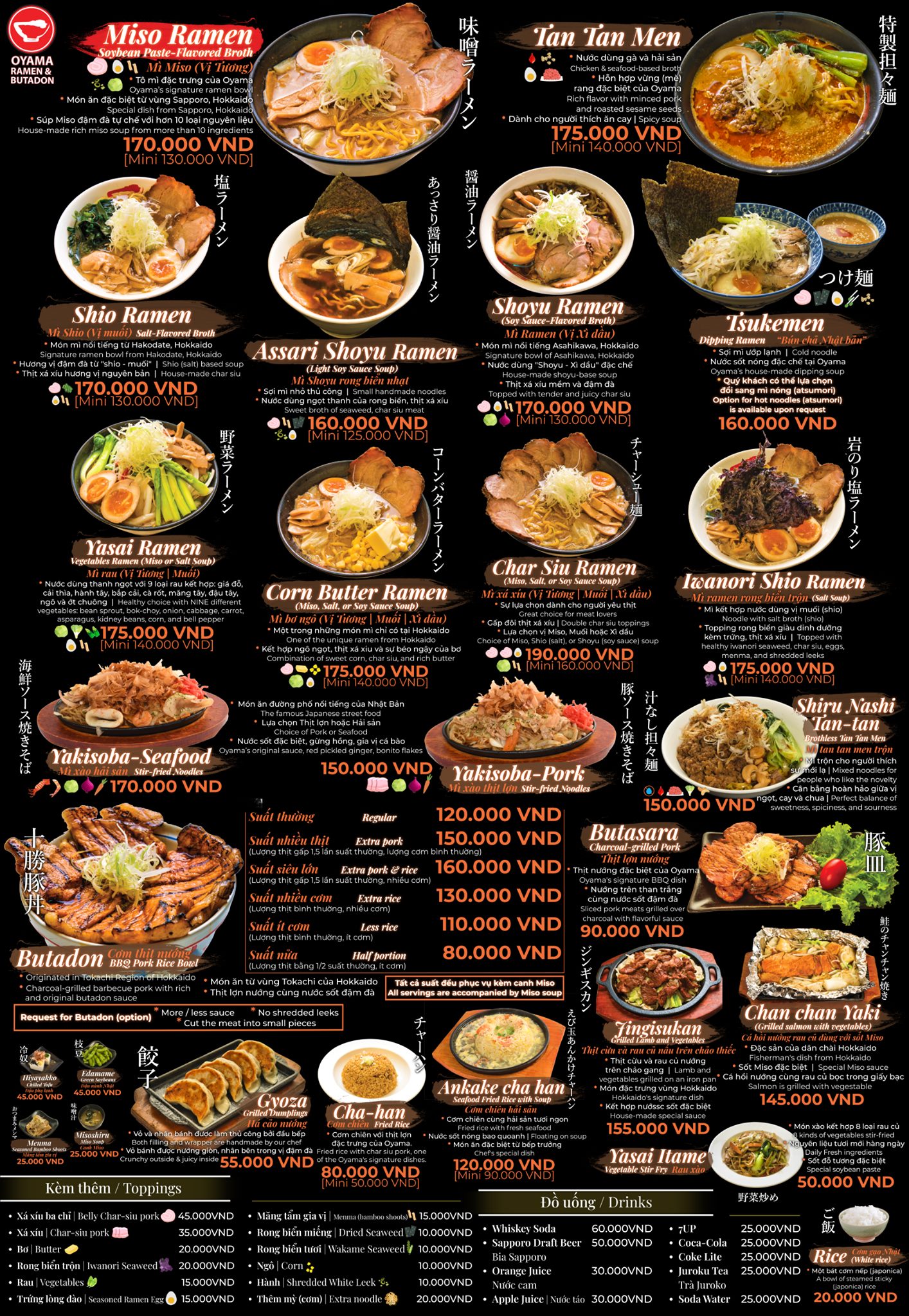 Menu đa dạng với nhiều kích cỡ khẩu phần ăn